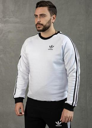 Мужской зимний свитшот adidas белый с лампасами кофта без капюшона адидас на флисе s (bon)