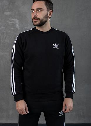 Чоловічий зимовий світшот adidas чорний із лампасами кофта без капюшона адідас на флісі l (bon)