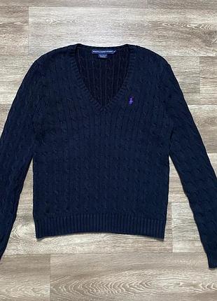 Оригінальний  жіночий светр ralph lauren sport womens xl black cable knit v-neck cotton sweater purple pony