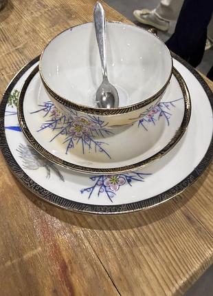 Фарфор японский супер легкий , с клеймом , фарфор японский , 3 предмета  ( десерт тарелка , блюдце , чашка )
