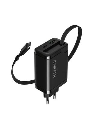 Зарядное устройство canyon 1xusb-c pd65w + 1xusb qc3.0 + cable usb-c to usb-c black (cns-curc65acb)
