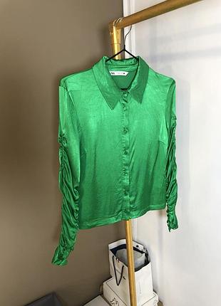 Сорочка блуза коротка сатин атлас зелена zara