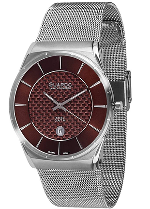 Мужские часы guardo premium s01547-2 стальной корпус браслет миланского плетения коричневый циферблат с датой