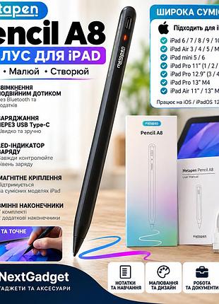 Стилус metapen pencil a8 для ipad, активный карандаш, type-c, черный