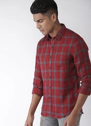 Чоловіча повсякденна сорочка levis бордового та синього кольору з вузьким кроєм у клітинку 100% льон