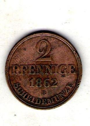 Германия королевство ганновер георг v 2 пфенига 1862 год медь, 3.93g, ø 22mm no3669