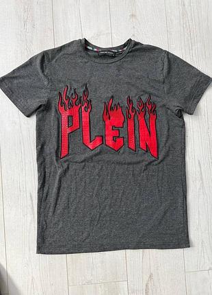 Футболка чоловіча philipp plein сіра з червоним принтом