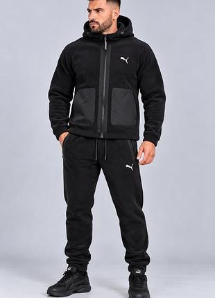 Чоловічий зимовий спортивний костюм puma polar fleece теплий флісовий чорний з капюшоном