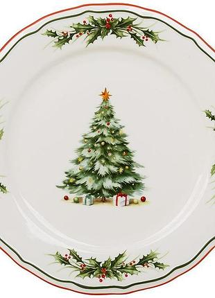 Набір 4 порцелянові обідні тарілки "evergreen christmas" ø27см з червоною облямівкою