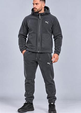 Чоловічий зимовий спортивний костюм puma polar fleece теплий флісовий графітовий з капюшоном