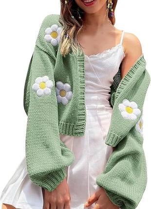 Жіночий укорочений кардиган із ромашками, зелений 🌼