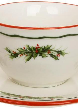 Набор 2 фарфоровые чайные чашки с блюдцами "evergreen christmas" 250 мл с красной окантовкой
