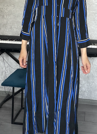 Сукня mango casual — подовжена сукня-сорочка в синьо-чорну вертикальну смужку, розмір m (eur m / usa s / mex m)