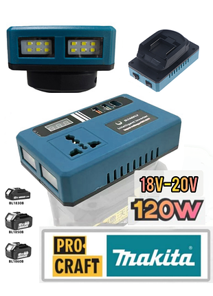 Инвертор для аккумуляторов makita 18v - 220v 120w с usb розеткой адаптер преобразователь аккумулятора, procraft 18v инвертор для макета с фонариком 22