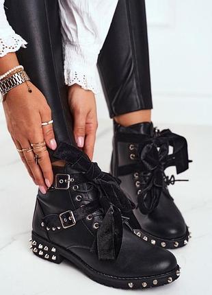 Шкіряні черевики mango з заклепками, пряжками та бантом (biker boots), р. 36