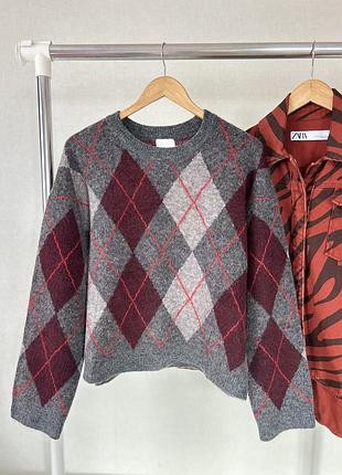 Теплий сірий светр з вовною в ромби h&m