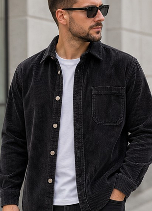 Чоловіча вельветова сорочка overshirt zara l 48 чорна графітова на кнопках