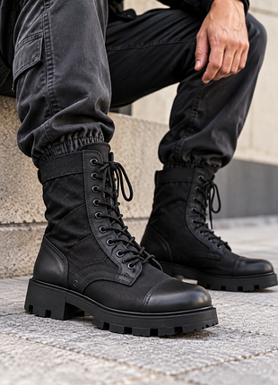 Берцы чёрные унисекс • military style • текстиль + кожа