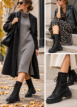 Берцы чёрные унисекс • military style • текстиль + кожа