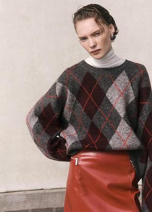 Теплий сірий жаккардовий светр з вовною в ромби h&m