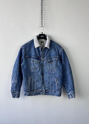 Джинсова куртка шерпа 80s usa lee riders sherpa denim jacket acid wash distressed workwear star wars m
