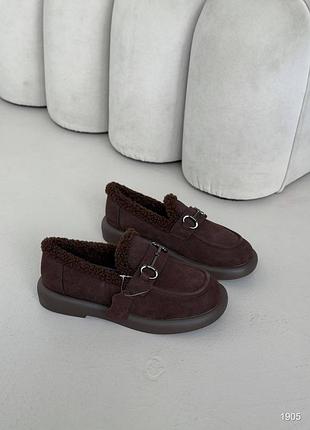 Натуральная замша, шоколадные женские утепленные лоферы-автоледи