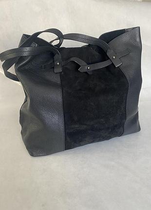 Ексклюзивний шкіряний шопер ручної роботи noir handmade (100% ручний сідельний шов, шкіра флотар + замша)