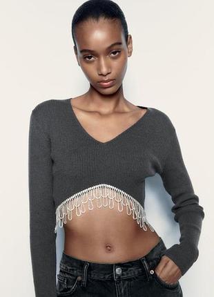 Жіночий укорочений топ zara з v-подібним вирізом та бахромою, розмір s, сірий