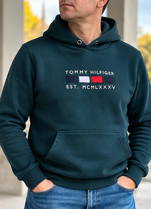 Чоловіче худі tommy hilfiger xl 52 темно-зелене темна бірюза з капюшоном та логотипом
