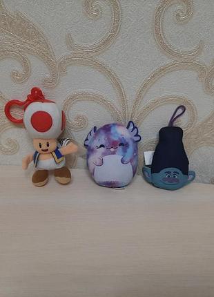 Мягкие игрушки mcdonald’s happy meal тролль цветан и аксолотль хэлли, брелок гриб toad супер марио super mario
