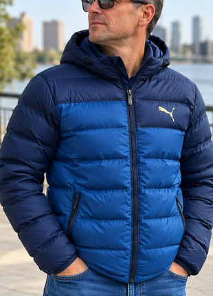 Мужской пуховик puma 600 fill power м 48 синий с капюшоном 90/10 goose down