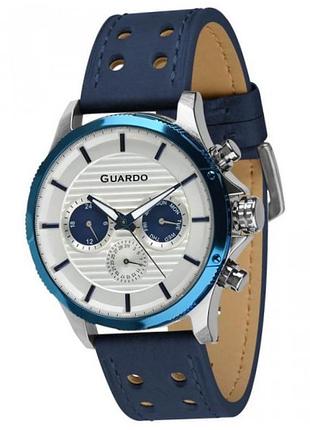 Мужские часы guardo premium 011456-2 стальной корпус с синим безелем тёмно-синий кожаный ремешок светлый циферблат с датой