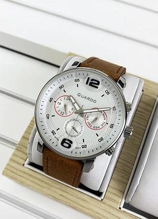 Чоловічий годинник guardo premium 012432-3 сталевий корпус світло-коричневий шкіряний ремінець світлий циферблат з датою