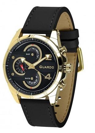 Чоловічий годинник guardo premium b01318-4 золотистий корпус чорний шкіряний ремінець коричневий циферблат з датою
