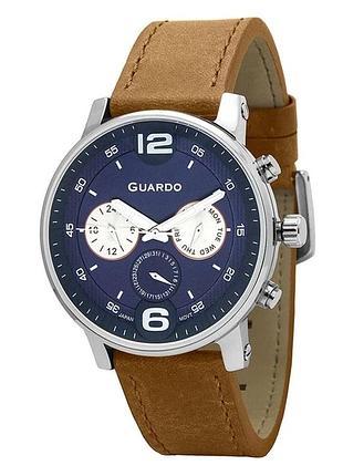 Мужские часы guardo premium 012432-1 стальной корпус светло-коричневый кожаный ремешок синий циферблат с датой