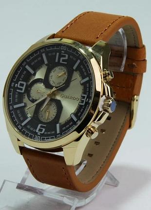 Чоловічий годинник guardo premium b01361-5 золотистий корпус світло-коричневий шкіряний ремінець коричневий циферблат з датою
