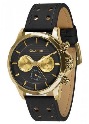 Мужские часы guardo premium 011456-3 золотистый корпус чёрный кожаный ремешок синий циферблат с датой