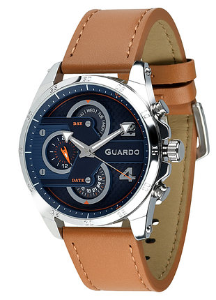 Мужские часы guardo premium b01318-3 стальной корпус светло-коричневый кожаный ремешок синий циферблат с датой