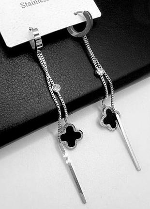 Сережки з чорною конюшиною з медичної сталі stainless steel