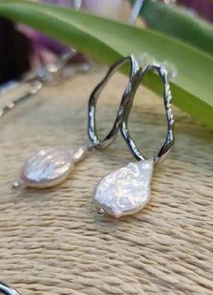 Сережки с барочным жемчугом 4,7 см, медична сталь design by korea 925 silver