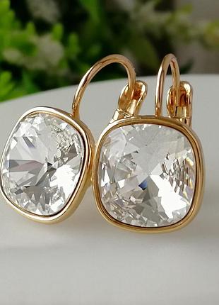 Серьги с белыми кристаллами swarovski размер 1,9 см, медзолото, медицинское золото, позолоченные, xuping