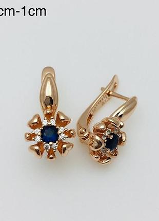 Серьги с синими фианитами 1,7 см, медзолото, медицинское золото