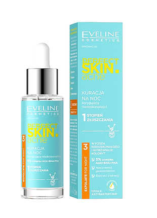 Сироватка-терапія для обличчя eveline perfect skin acne нічна з 5% комплексом кислот aha+bha+pha 30 мл. 9778