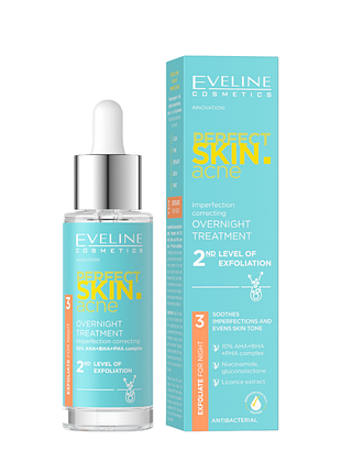Сироватка-терапія для обличчя eveline perfect skin acne нічна з 10% комплексом кислот aha+bha+pha 30 мл. 9785