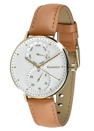 Мужские часы guardo premium 012522-3 золотистый корпус светло-коричневый кожаный ремешок светлый циферблат с датой