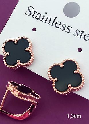 Сережки з чорною конюшиною з медичного золота stainless steel, xuping позолочені