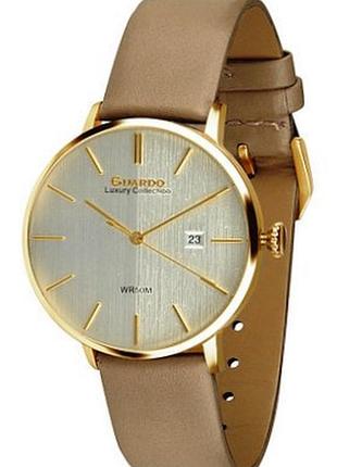 Чоловічий годинник guardo luxury collection s02419-4 золотистий корпус оливково-коричневий шкіряний ремінець водозахист 50 м