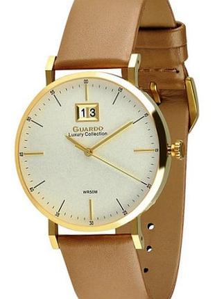 Чоловічий годинник guardo luxury collection s02430-3 золотистий корпус світло-коричневий шкіряний ремінець водозахист 50 м світлий