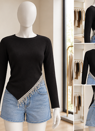 Асимметричный свитер zara с декоративной бахромой из страз
