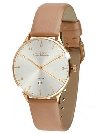 Мужские часы guardo luxury collection s02426-5 корпус розовое золото бежевый кожаный ремешок водозащита 50 м светлый циферблат